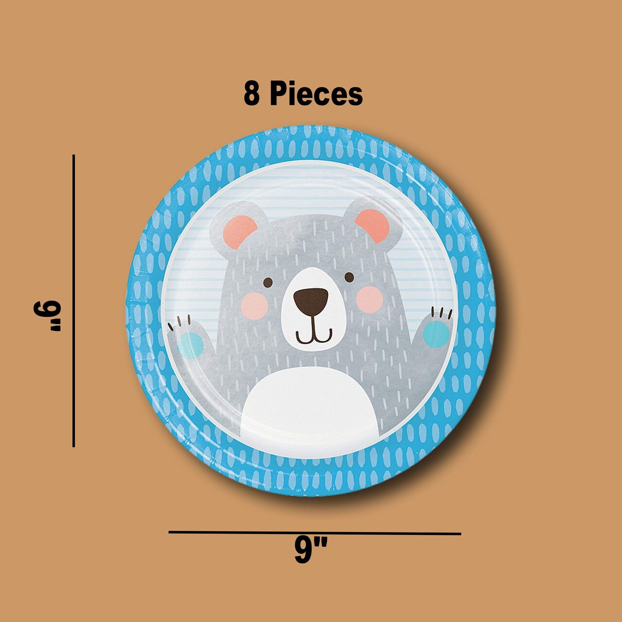 8 Ct. Blue Happy Bear Paper Dinner Plates Cute Bear-Themed Tableware for Baby Showers & Birthdays
